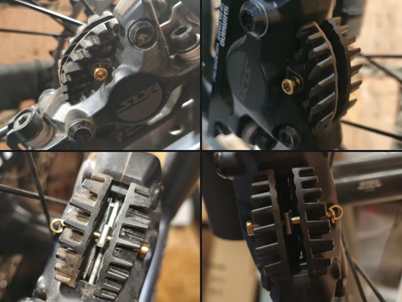 Kolaż czterech zbliżeń zacisków Shimano SLX ze złotymi tytanowymi śrubami mocującymi klocki